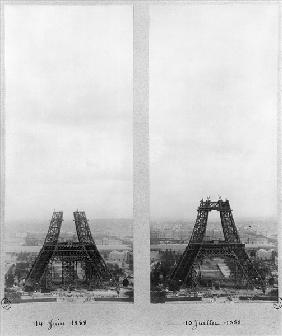 Two views of the construction of the Eiffel Tower, Paris, 14th June and 10th July 1888 (b/w photo) 
