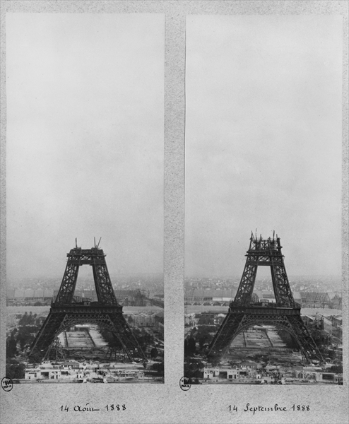 Two views of the construction of the Eiffel Tower, Paris, 14th August and 14th September 1888 (b/w p from French Photographer