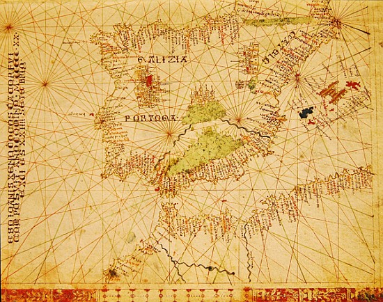 The Iberian Peninsula and the north coast of Africa, from a nautical atlas, 1520(detail from 330910) from Giovanni Xenodocus da Corfu