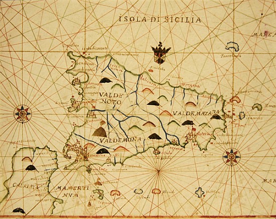 Sicily and the Straits of Messina, from a nautical atlas, 1646 (ink on vellum) from Italian School