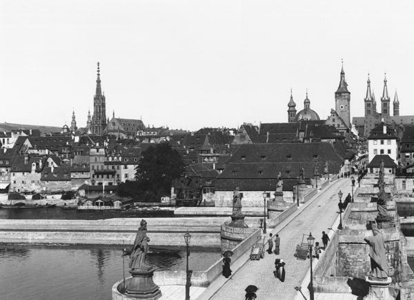 The old bridge over the River Main at Wurzburg, c.1910 (b/w photo)  from Jousset