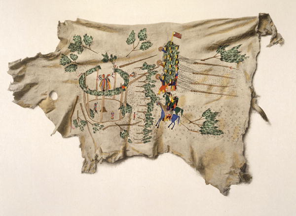 Erection of the Sun Dance lodge of the Kiowa (pigment on deerskin)  from Silver Horn (Haun-goo-ah)