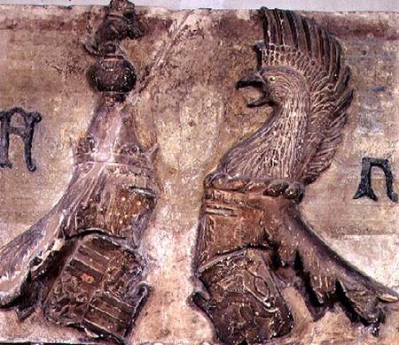 Memorial plaque carved with two tournament jousting helmets bearing the coat of arms of the Gonzaga from a sculptor from the School of Mantua