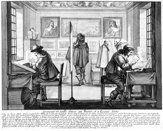 Plate engravers working with gallery behind from Abraham Bosse