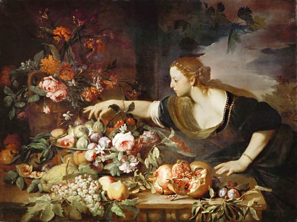 Woman taking fruit from Abraham Brueghel