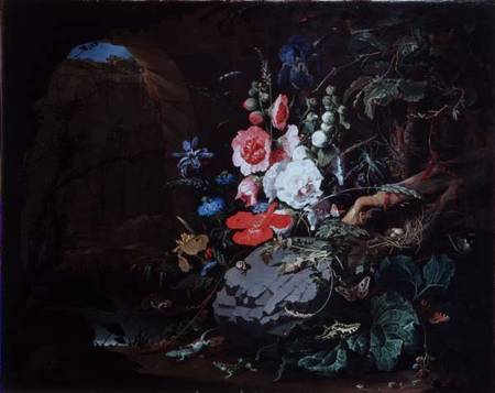 Flowers and birds in a cave from Abraham Mignon