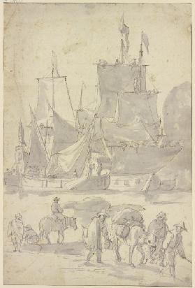 Schiffe im Hafen, vorne drei Männer mit einem beladenen Esel nach rechts
