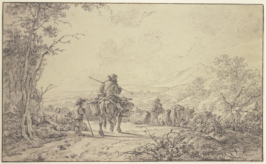 Hirten mit Rinder- und Schafherde in hügeliger Landschaft from Abraham van Strij