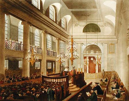 Synagogue, Dukes Place, Houndsditch, from Ackermann's 'Microcosm of London', engraved by Sunderland from A.C. Rowlandson