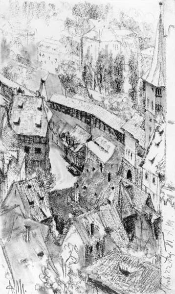 Blick von der Burg in Nuernberg auf den kleinen Platz am Thiergaertner Tor mit dem Duererhaus im Mit from Adolph Friedrich Erdmann von Menzel