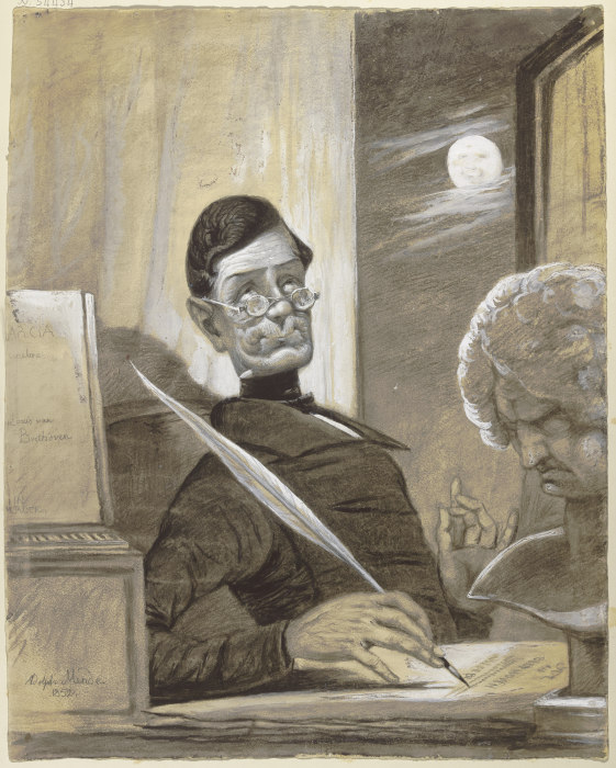 Der Musikschriftsteller Anton Schindler bei Mondschein an seinem Schreibtisch sitzend, neben ihm die from Adolph Mende