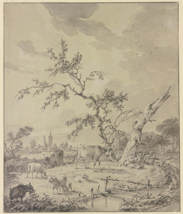 Hirtenknabe mit Rindern, Schafen und Ziegen bei einem dürren und einem abgestorbenen Baum, im Hinter from Adrianus de Visser