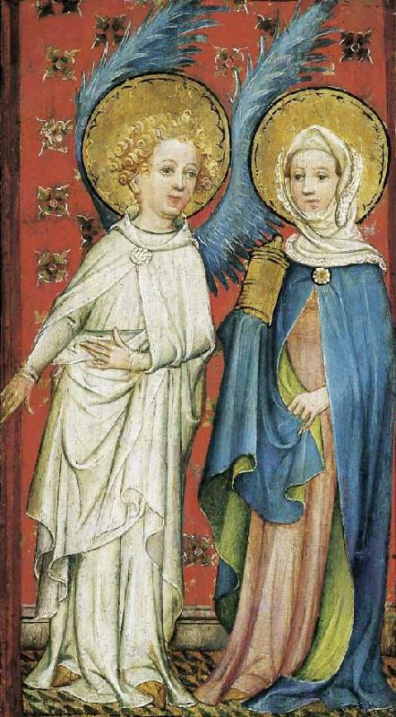 Der Engel empfängt die drei Marien am Grabe (linker Flügel). from Älterer Meister der Aachener Schranktüren