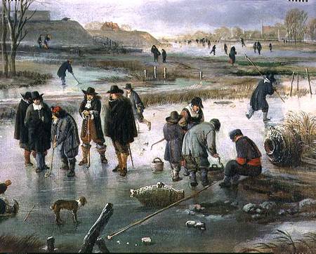 Ice Skating outside the City Walls, detail of ice hockey players from Aert van der the Elder Neer