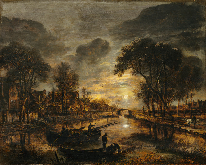 Nocturnal Canal Landscape with Fishing Boats from Aert van der Neer