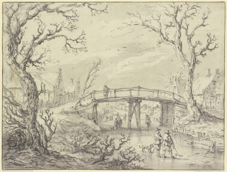 Über einen zugefrorenen Kanal bei einem Dorf eine Holzbrücke, vorne zwei Männer mit einem Hund from Aert van der Neer