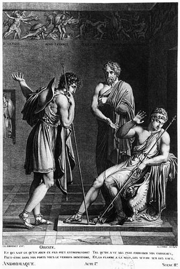 Orestes and Pyrrhus, illustration from Act I Scene 2 of ''Andromaque'' Jean Racine (1639-99) ; engra from (after) Anne Louis Girodet de Roucy-Trioson