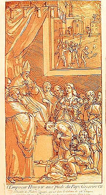 Emperor Henri IV (1050-1106) at the feet of Pope Gregory VII (1020-85) ; engraved by Nicolas Le Sueu from (after) Federico Zuccari or Zuccaro