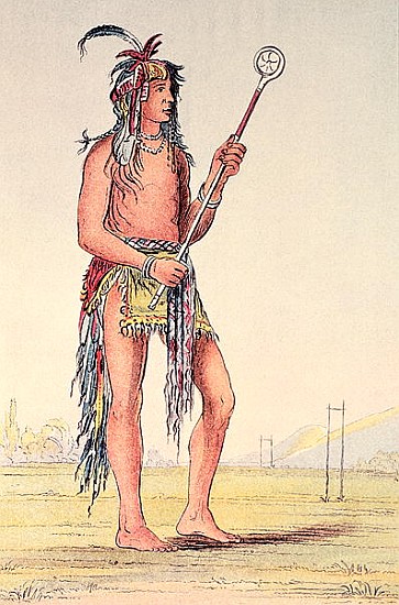 Sioux ball player Ah-No-Je-Nange, ''He who stands on both sides'' (hand-coloured litho) from (after) George Catlin