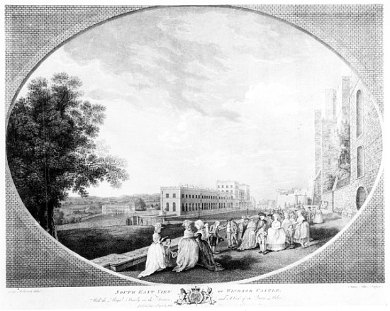 South East view of Windsor Castle, with the Royal Family on the terrace and a view of the Queen''s P from (after) George Robertson