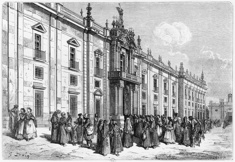The tobacco factory at Seville; engraved by Charles Laplante (d.1903) from (after) Gustave Dore