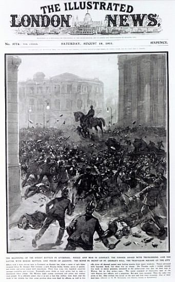 Fighting at the Liverpool General Transport Strike, cover of ''The Illustrated London News'', August from (after) Hermanus Willem Koekkoek