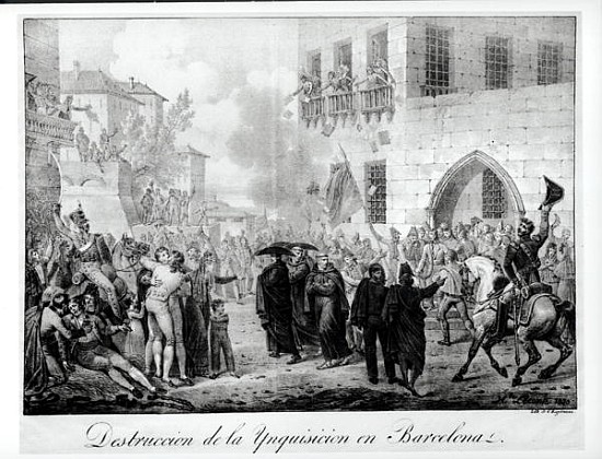 Destruction of the Inquisition in Barcelona, 10th March 1820; engraved by Godefroy Engelmann (1788-1 from (after) Hippolyte Lecomte