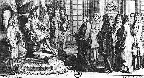 Members of the French Academy presenting the dictionary to Louis XIV (1638-1715) in 1694; engraved b