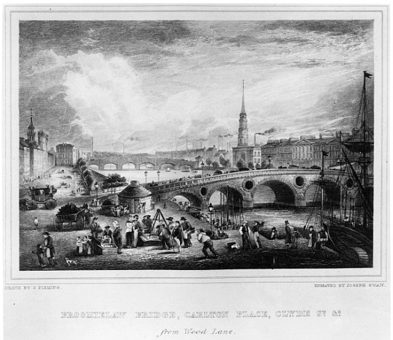 Broomielaw Bridge, Carlton Place, Clyde St., Glasgow; engraved by Joseph Swan from (after) John Fleming