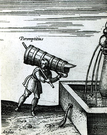 An apprentice fetching water from a fountain  (detail of 105365) from (after) Joris Hoefnagel