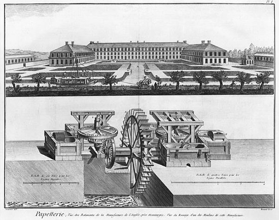 A paper mill, illustration from the ''Encyclopedie des Sciences et Metiers'' Denis Diderot (1713-84) from (after) Louis-Jacques Goussier
