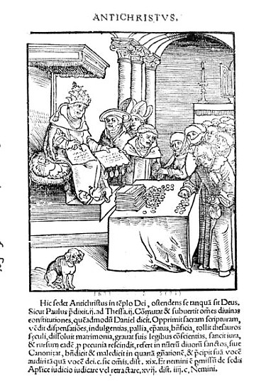 The Pope selling Indulgences from ''Passional Christi und Antichristi'' Philipp Melanchthon, publish from Lucas Cranach the Elder (after)