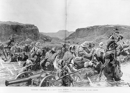 Yeomanry surprised in a drift while pursuing a Boer Commando in Cape Colony from (after) Richard Caton II Woodville