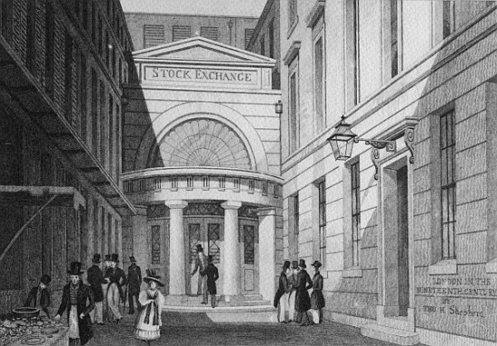 Stock Exchange, London, from ''Metropolitan Improvements; or London in the nineteenth century'', c.1 from (after) Thomas Hosmer Shepherd
