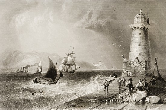 South Wall Lighthouse with Howth Hill in the Distance, Dublin, from ''Scenery and Antiquities of Ire from (after) William Henry Bartlett