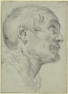 Kopf eines aufblickenden Mannes im Profil nach rechts