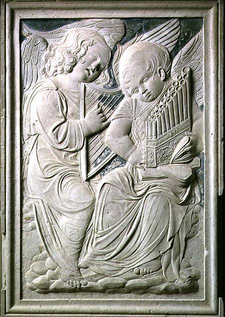 Two putti, one playing the harp and singing, the other playing the portative organ, from the frieze from Agostino  di Duccio