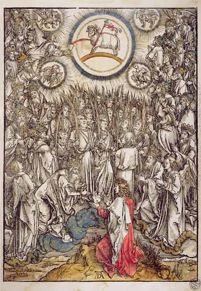 The Lamb of God appears on Mount Sion, 1498 (colour woodcut) from Albrecht Dürer