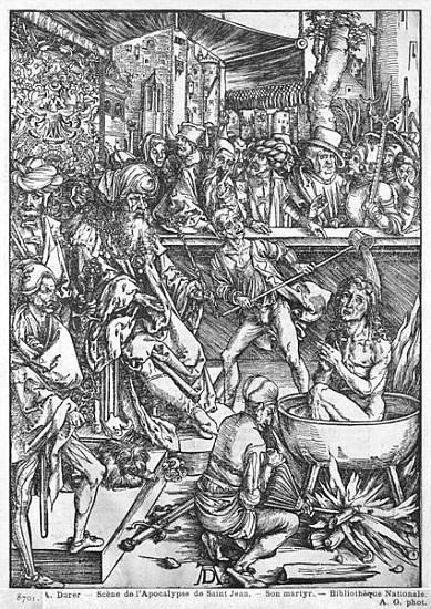 Scene from the Apocalypse, The martyrdom of St. John the Evangelist, Latin edition from Albrecht Dürer