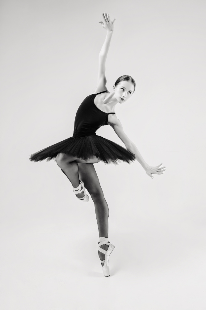 black swan. ballerina in a black tutu shows elements of ballet dance in motion from Alexandr