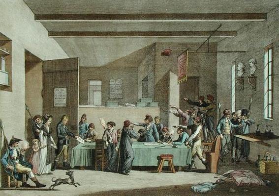 Interior of a Revolutionary Committee in 1792-93 (colour engraving) from Alexandre Evariste Fragonard