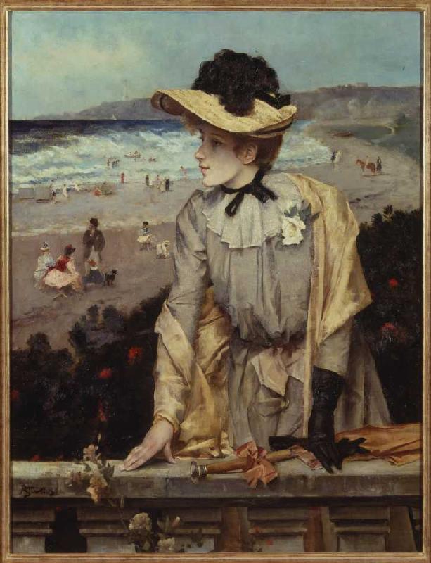 Young woman on the beach (or: Parisienne in front of sea landscape) from Alfred Stevens