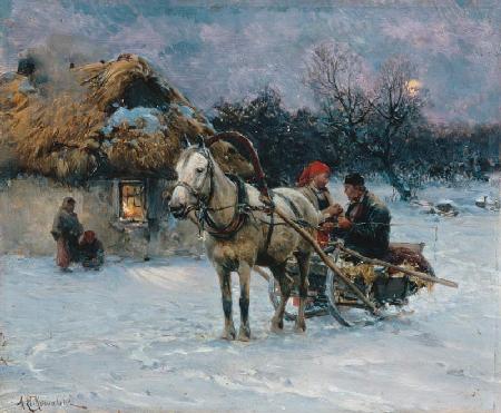 Polish winter landscape with sledges