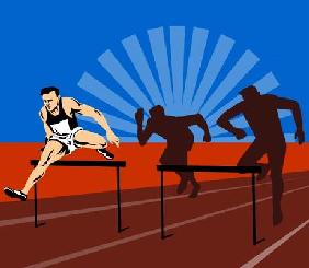 Track and field athlete jumping hurdles