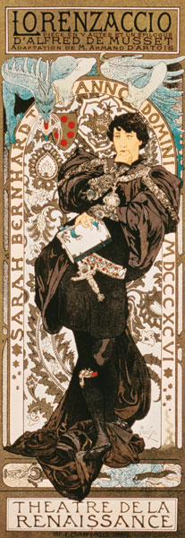Art Nouveau poster for Lorenziaccio of Alfred de must Laly renaissance in the Theatre de from Alphonse Mucha