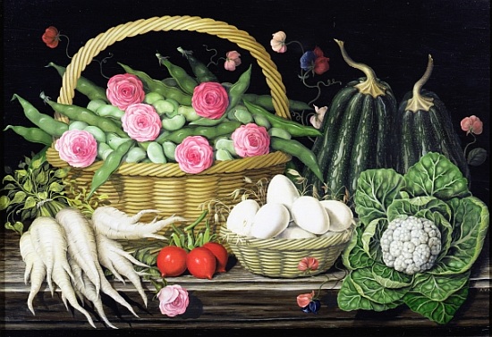 Eggs, broad beans and roses in basket from  Amelia  Kleiser
