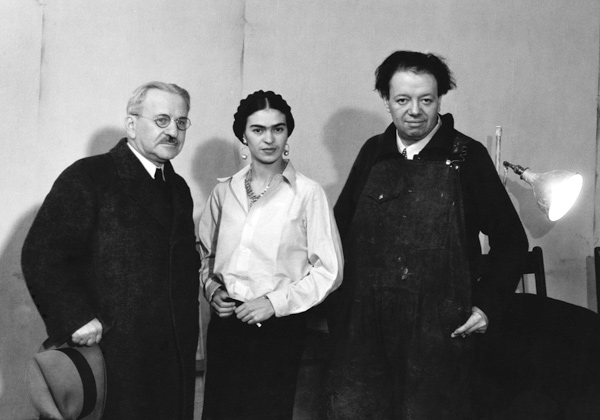 Albert Kahn, Frida Kahlo and Diego Rivera in the mural project studio at the Detroit Institute of Ar from American Photographer