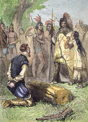 Pocahontas saves the life of John Smith (coloured engraving) from American School