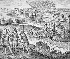 Pocahontas is enticed aboard the English ship to Jamestown (engraving)