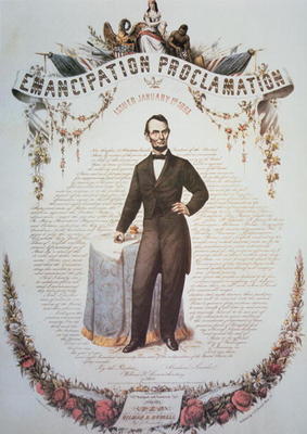 A souvenir print of the Emancipation Proclamation, issued 1st January 1863 (colour litho) from American School, (19th century)